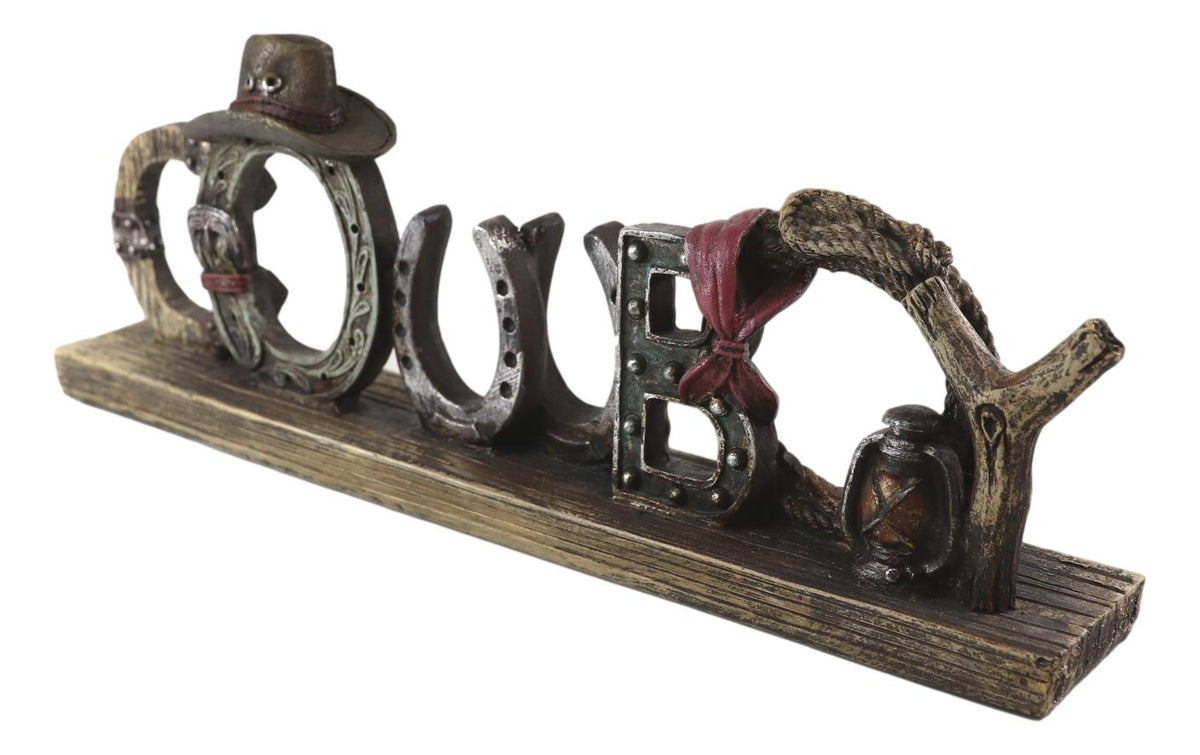 Rustic Western Cowboy Sign Ropes Hat Horseshoes Faux Barnwood Desktop Plaque