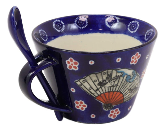 Ebros Vintage Stylish Porcelain Coffee Tea Latte Cafe Mug Cereal Drink Cup With Spoon 2pc Set 12oz Home Kitchen Decorative Mugs Cups Ceramics (Blue Oriental Fan, 1) (One Set)