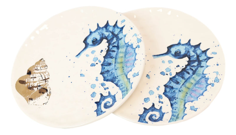 Nautical Marine Blue And White Seahorse Ceramic Salad Appetizer Plates 2 Pack