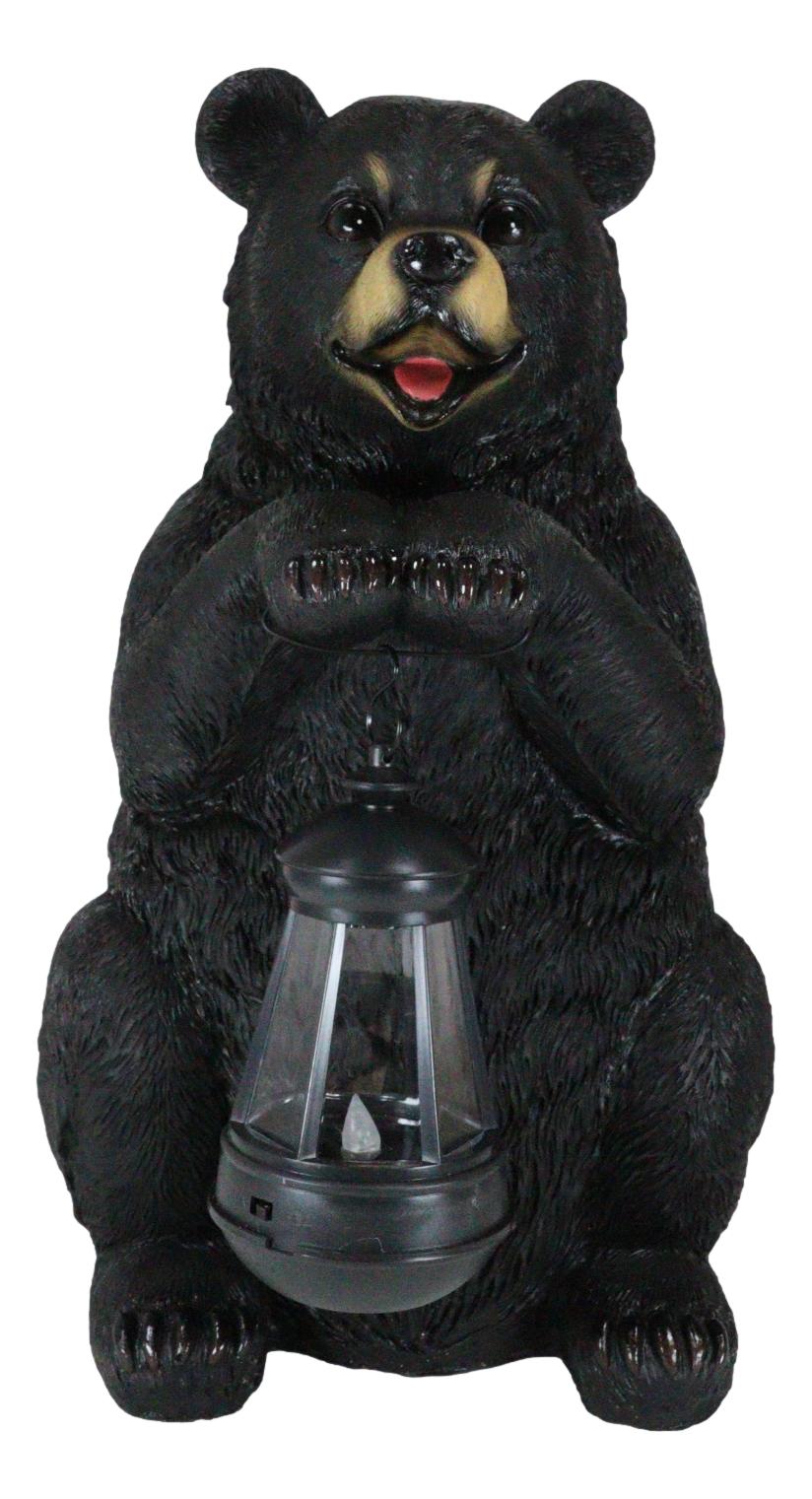 Rustic Garden Cute Black Bear Holding Solar Lantern Path Light Greeter Statue - Ebros Gift