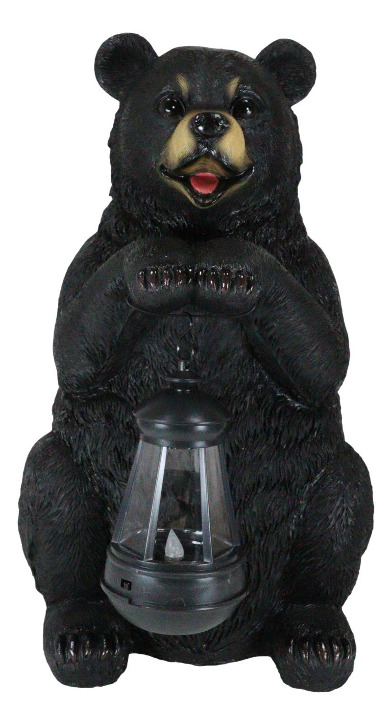 Rustic Garden Cute Black Bear Holding Solar Lantern Path Light Greeter Statue