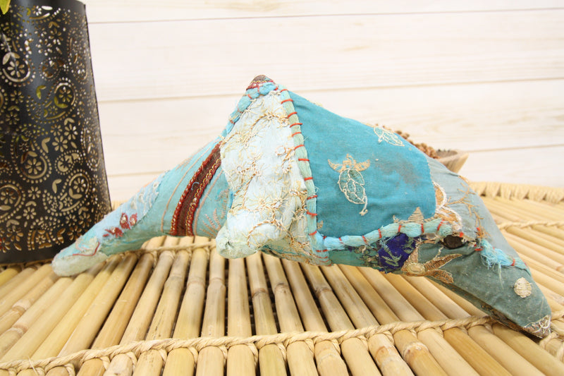 Marine Blue Dolphin Hand Crafted Paper Mache In Colorful Sari Fabric Figurine
