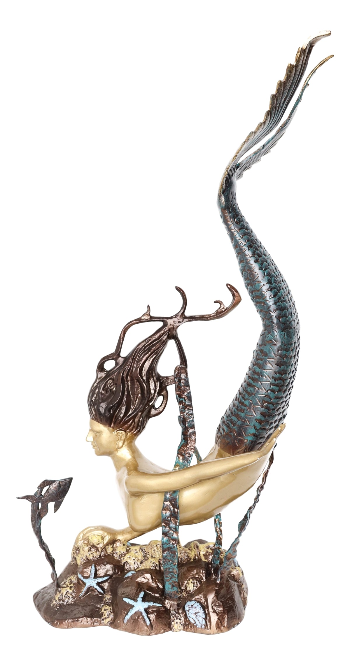 4 Feet Tall Aluminum Nautical Golden Mermaid Diving By Starfishes Coral Statue
