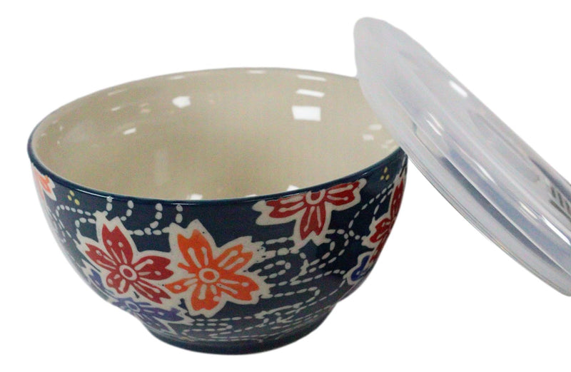 Ebros Set of 2 Ceramic Blue Cherry Blossoms Portion Meal Bowls 2 Cups W/ Airtight Lid