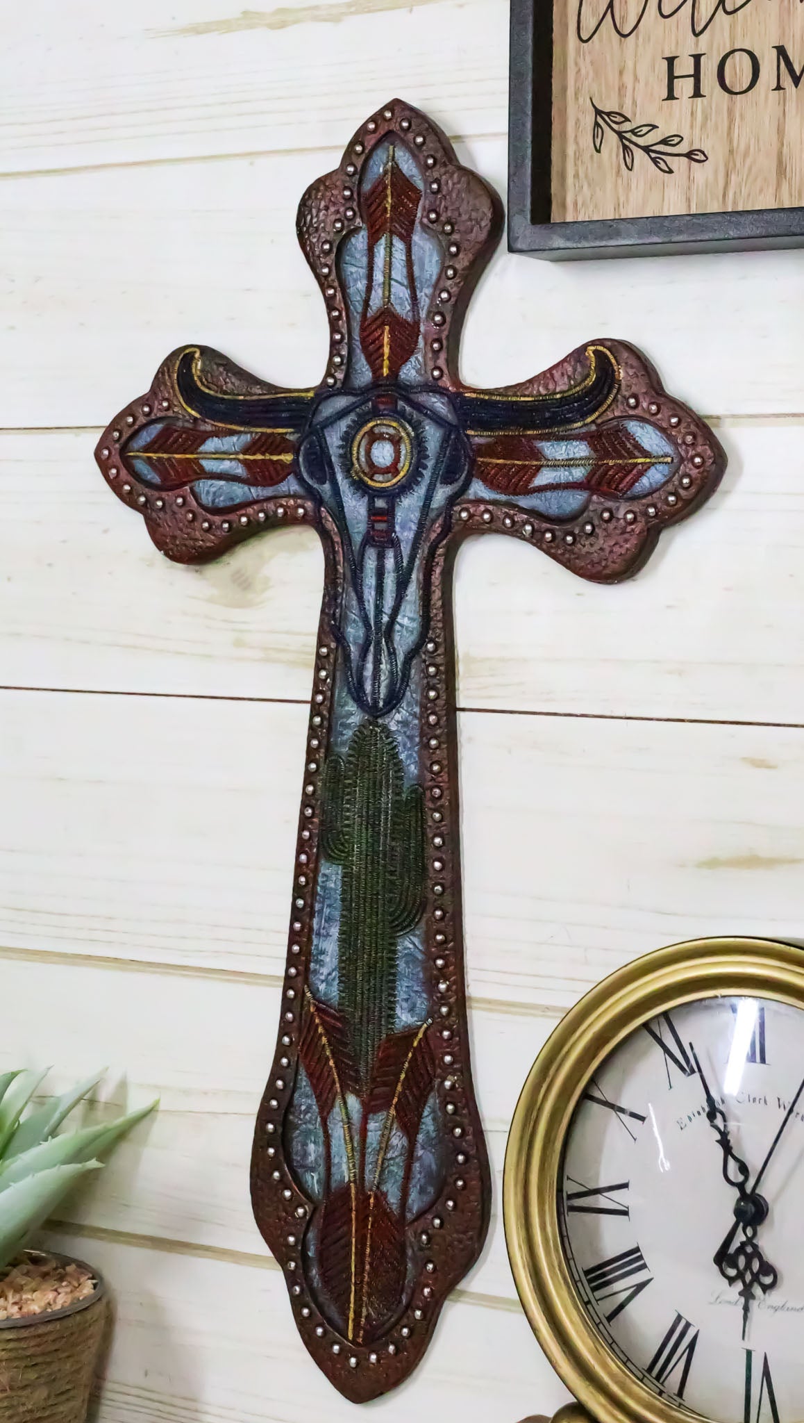 Rustic Western Texas Longhorn Cow Desert Cactus Faux Leather Wall Cross Decor