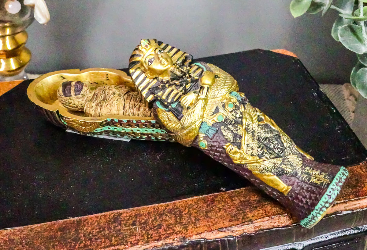 Ebros Egyptian King Tutankhamun Sarcophagus Coffin With Mummy Figurine Set 4"L - Ebros Gift