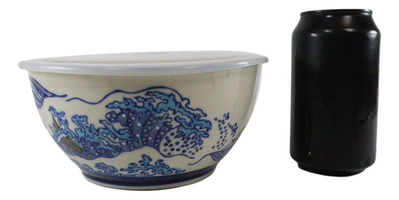 Ebros Set of 2 Ceramic Blue Hokusai Great Wave Portion Meal Bowls 5 Cups Airtight Lid