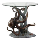 Ebros Gift Aluminum Metal Nautical Ocean Deep Sea Octopus Wrapping Around Seagrass with Starfish Round Side Coffee Table with Glass Top Furniture Collectible Fantasy Kraken Monster Tables