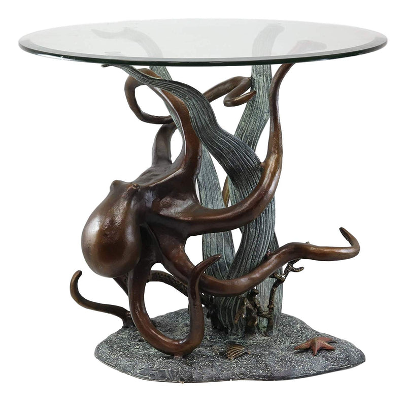 Ebros Gift Aluminum Metal Nautical Ocean Deep Sea Octopus Wrapping Around Seagrass with Starfish Round Side Coffee Table with Glass Top Furniture Collectible Fantasy Kraken Monster Tables