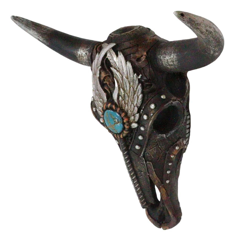 Rustic Western Angel Wings Turquoise Gem Steer Bull Cow Skull Wall Decor Plaque