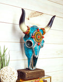 Rustic Western Aztec Mosaic Turquoise Cow Steer Bull Skull Desktop Sculpture