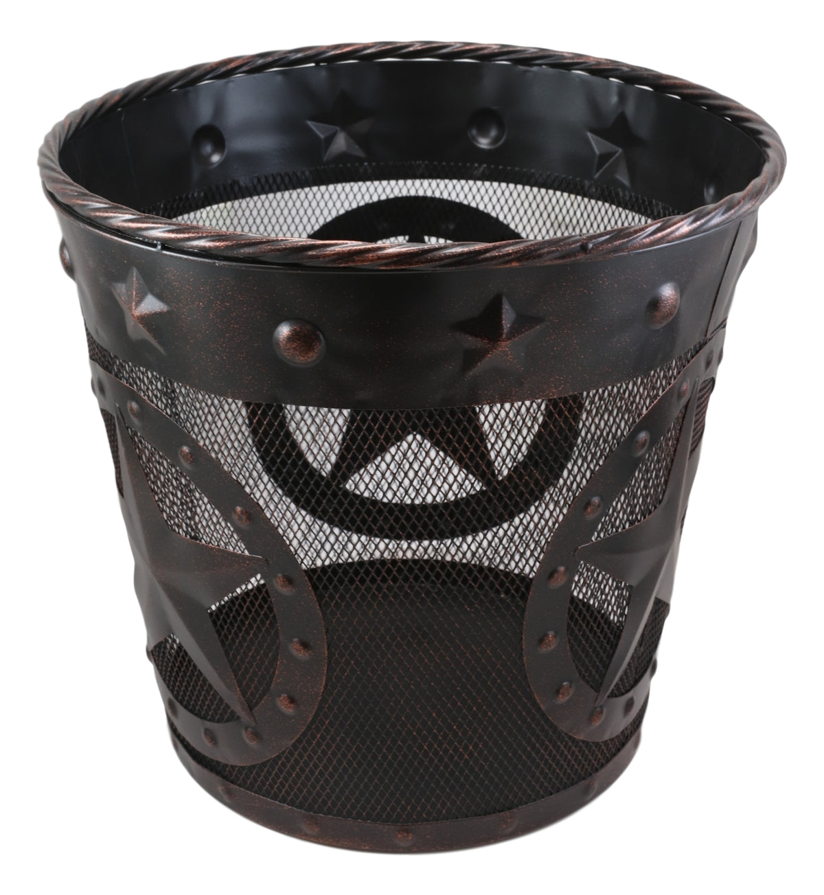 Rustic Western Lone Stars With Braided Metal Rope Trim Wire Waste Basket Bin