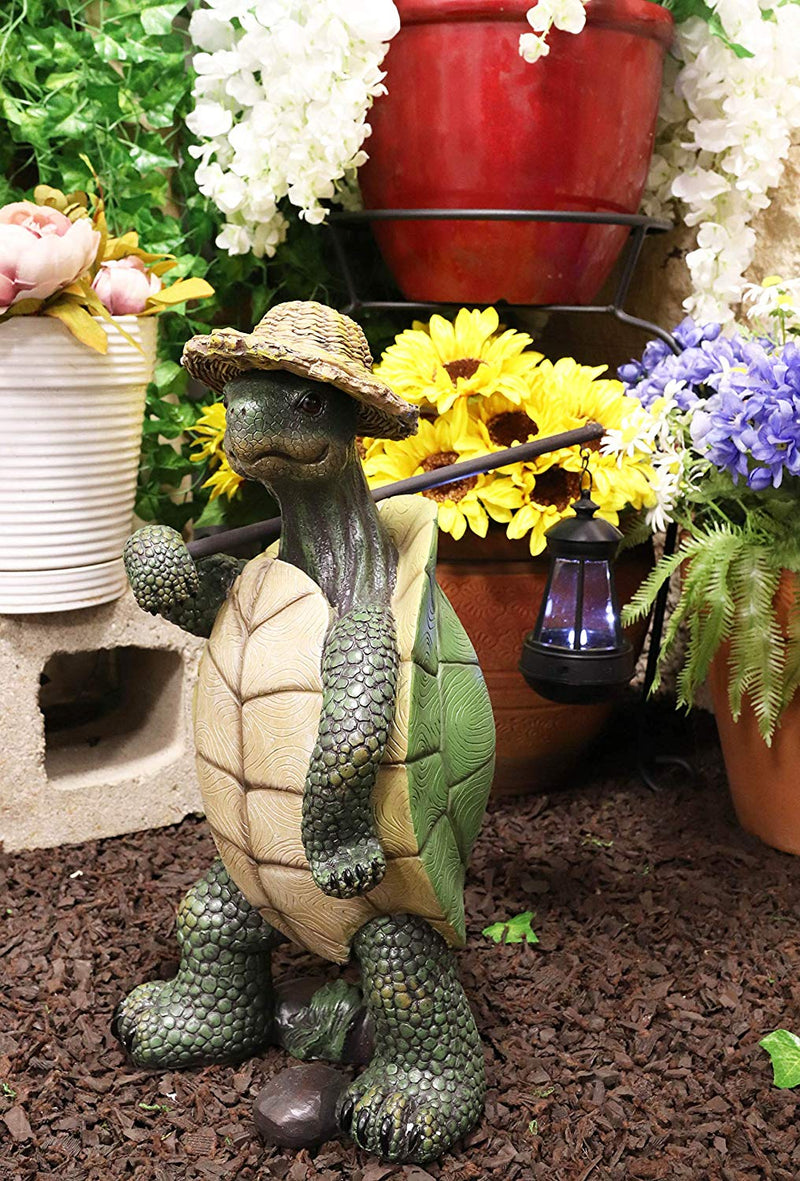 Ebros Gift Nautical Nature Lover Adventure Hiking Tortoise with Straw Hat Statue Carrying Solar Powered Lantern LED Light On A Pole Turtle Garden Yard Pool Patio Deck Home Decorative Accent