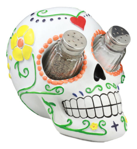 Day of The Dead Tattoo White Sugar Skull Salt And Pepper Shakers Holder Figurine