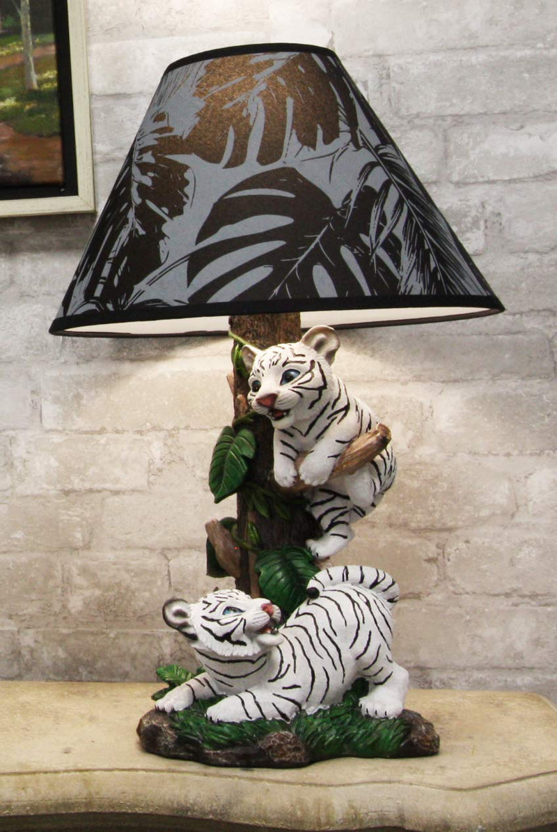 Ebros Tropical Jungle Frolic Climbing Bengal Tiger Cubs Desktop Table Lamp Statue with Monstera Leaves Print Fabric Shade Tiger Home Decor Lighting Accent As Forest Large Cats (Siberian Albino White)