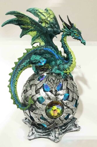 Elemental Jade Firnen Dragon Resting On LED Gyrosphere Orb Night Light Figurine