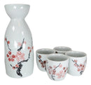 Ebros Japanese 12oz Ceramic Pink Cherry Blossom Sake Set Flask With Four Cups