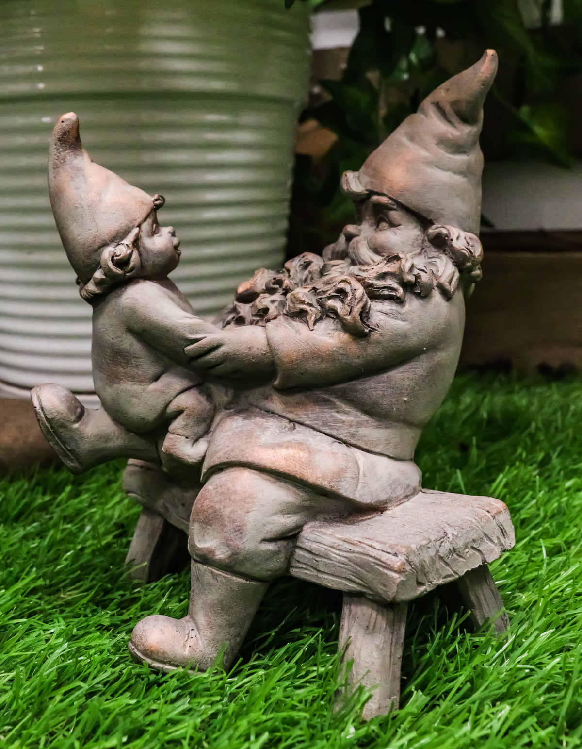 Family Bonding Papa Gnome With Baby Gnome Sitting On Wooden Stool Garden Statue - Ebros Gift
