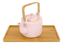 Matte Pink Modern Ceramic 28oz Tea Pot With 4 Cups And Bamboo Serving Tray Set