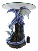 Elemental Frozen Ice Mother Dragon With Hatchling Baby Sculptural Side End Table