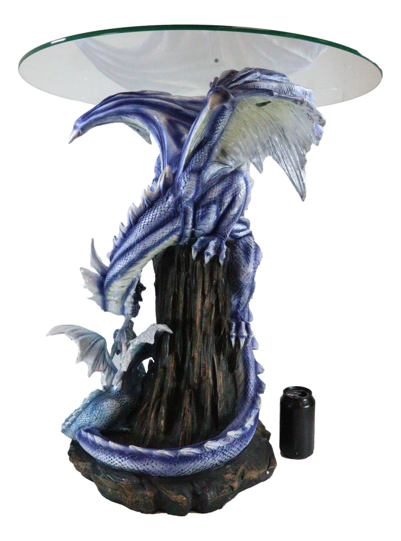 Elemental Frozen Ice Mother Dragon With Hatchling Baby Sculptural Side End Table