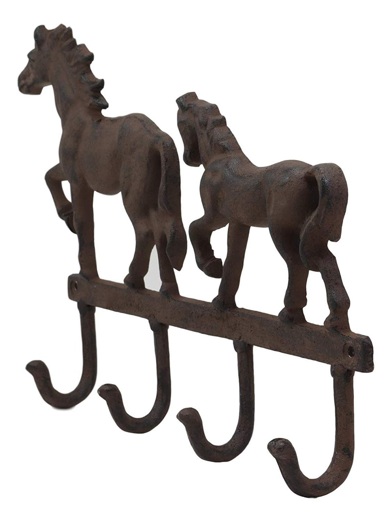 Ebros Cast Iron Rustic Western Country Farm Horse With Foal Coat Key Hat Leash Backpack Wall Hanging Hooks 13" Wide 4 Peg Hook Decor Hangers Cowboy Decorative Organizer