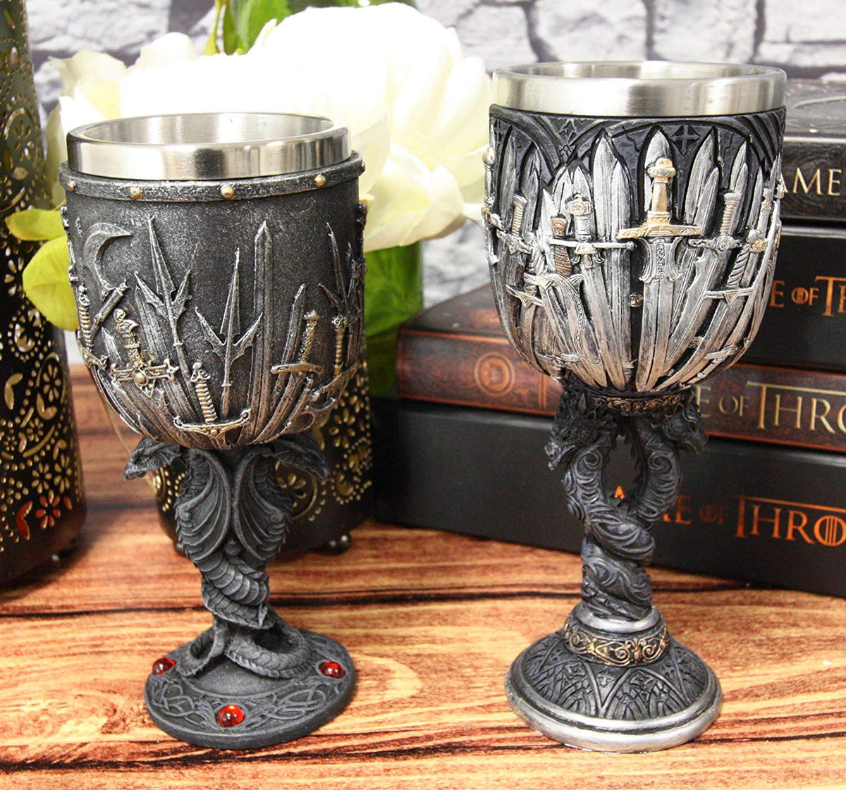 Ebros Set of 2 Medieval Iron Throne Of Valyrian Steel Blade Swords Armory Goblet