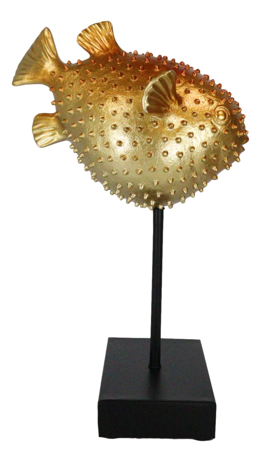 Nautical Marine Faux Taxidermy Golden Pufferfish Fish Sculpture On Pole Mount - Ebros Gift