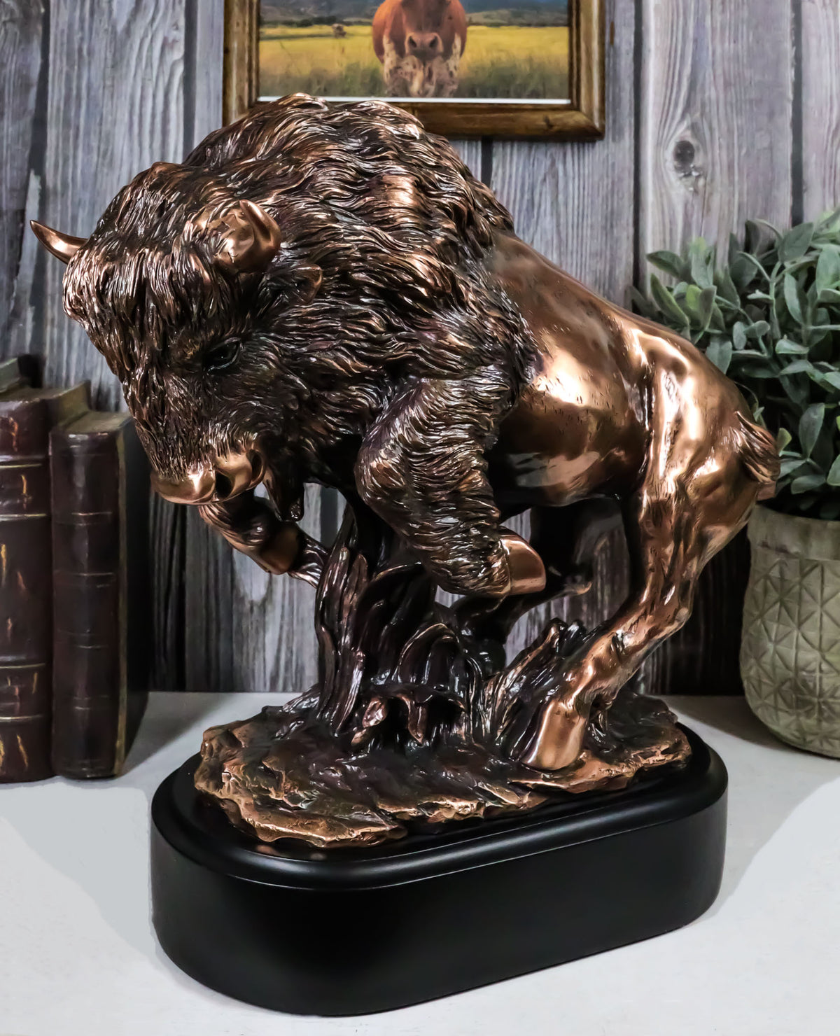 Ebros Western Large Angry Charging Bison Statue in Bronze Electroplated Finish - Ebros Gift