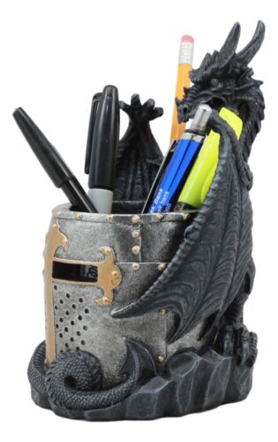 Medieval Saint George Dragon Guarding Medieval Knight Helmet Pen Holder Statue