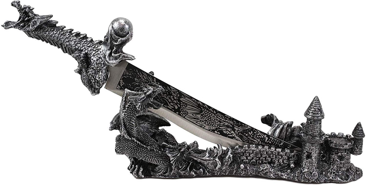 Ebros Gift Obsidian Athame Dragon Blade Letter Opener with Castle Base Stand Set