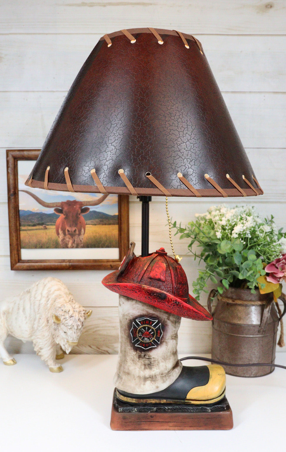 American Hero Fire Fighters Fireman Boot And Helmet Table Lamp With Laced Shade - Ebros Gift
