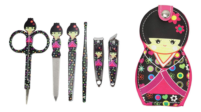 Ebros Gift Traditional Japanese Kokeshi Girl Doll Travel Portable Case Manicure Pedicure Set 6 Piece Stainless Steel Grooming Tools Nail Clippers Scissors Filers Ear Pick Tweezer (Black Kimono)