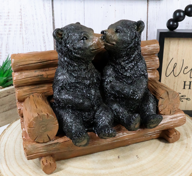 Rustic Whimsical Forest Black Bear Siblings Kissing By Tree Logs Bench Figurine