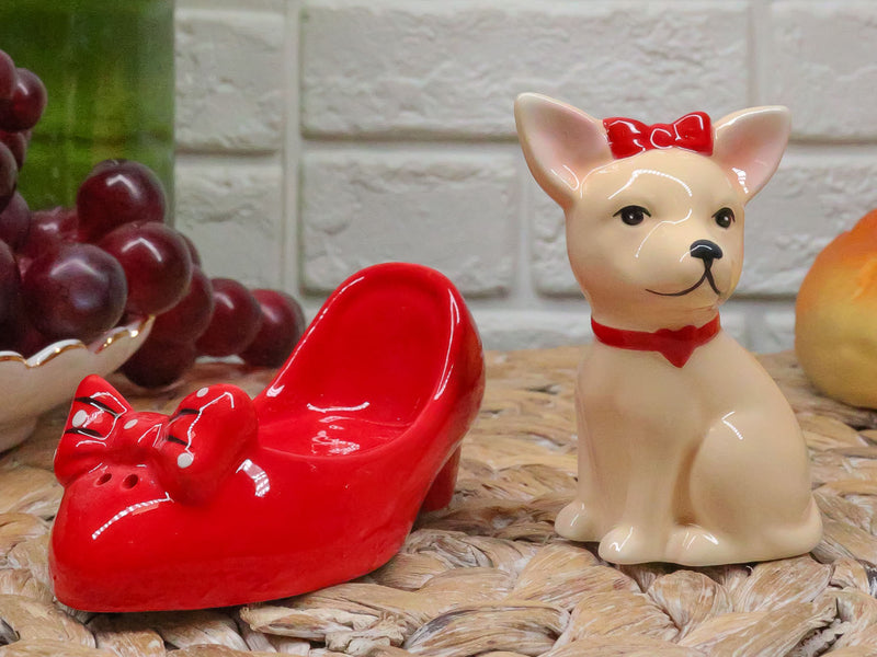 Red Ribbon Chihuahua In Red Pump Heel Shoe Salt And Pepper Shakers Ceramic Set