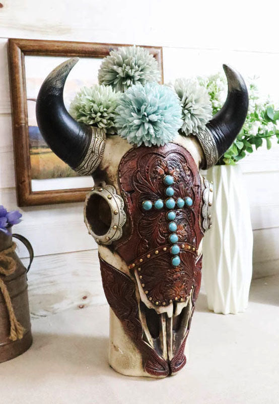 Southwest Cow Skull With Tooled Leather Mask And Turquoise Cross Vase Figurine