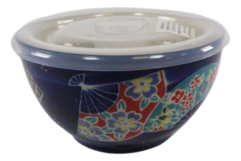Ebros Pack of 2 Ceramic Blue Oriental Fans Portion Meal Bowls 2 Cups W/ Airtight Lid