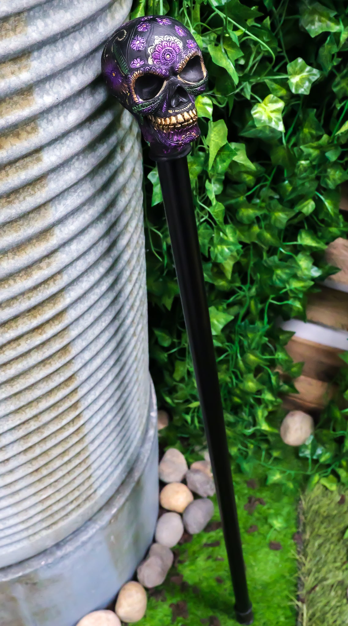 Gothic Day of The Dead Black Floral Sugar Skull Decorative Walking Cane 36"L