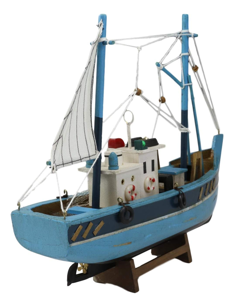 Ebros 12 L Blue Wooden Fishing Boat Model with Wood Base Stand Figure