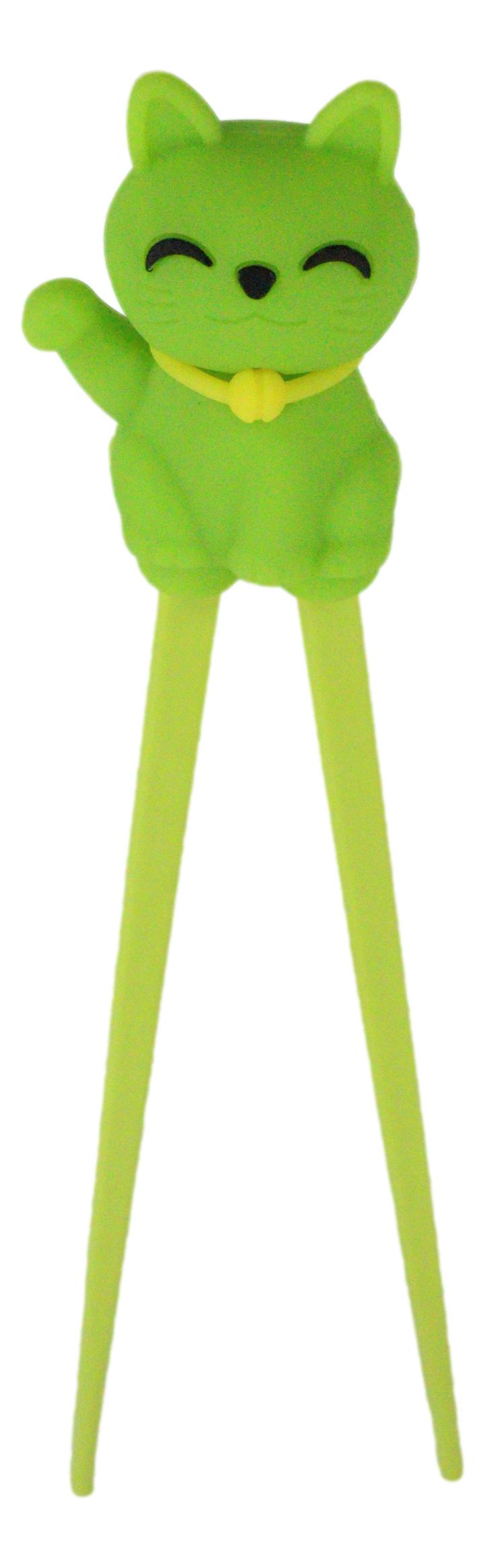 Green Maneki Neko Lucky Cat Reusable Training Chopsticks Set W/ Silicone Helper - Ebros Gift