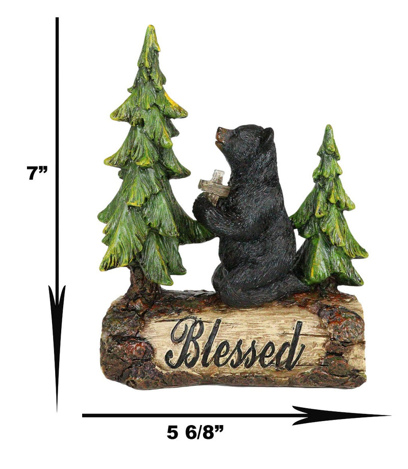 Blessed Rustic Western Black Bear Kneeling On Log by Pine Trees Praying Statue