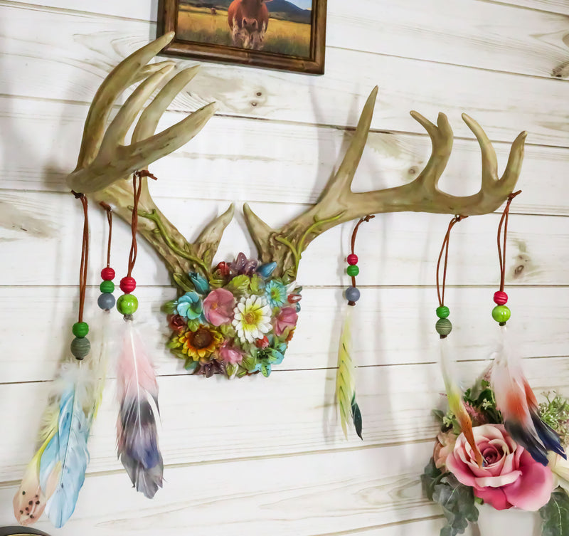 Rustic 12 Point Stag Deer Antlers Flowers And Feathers Rack Wall Hooks Plaque