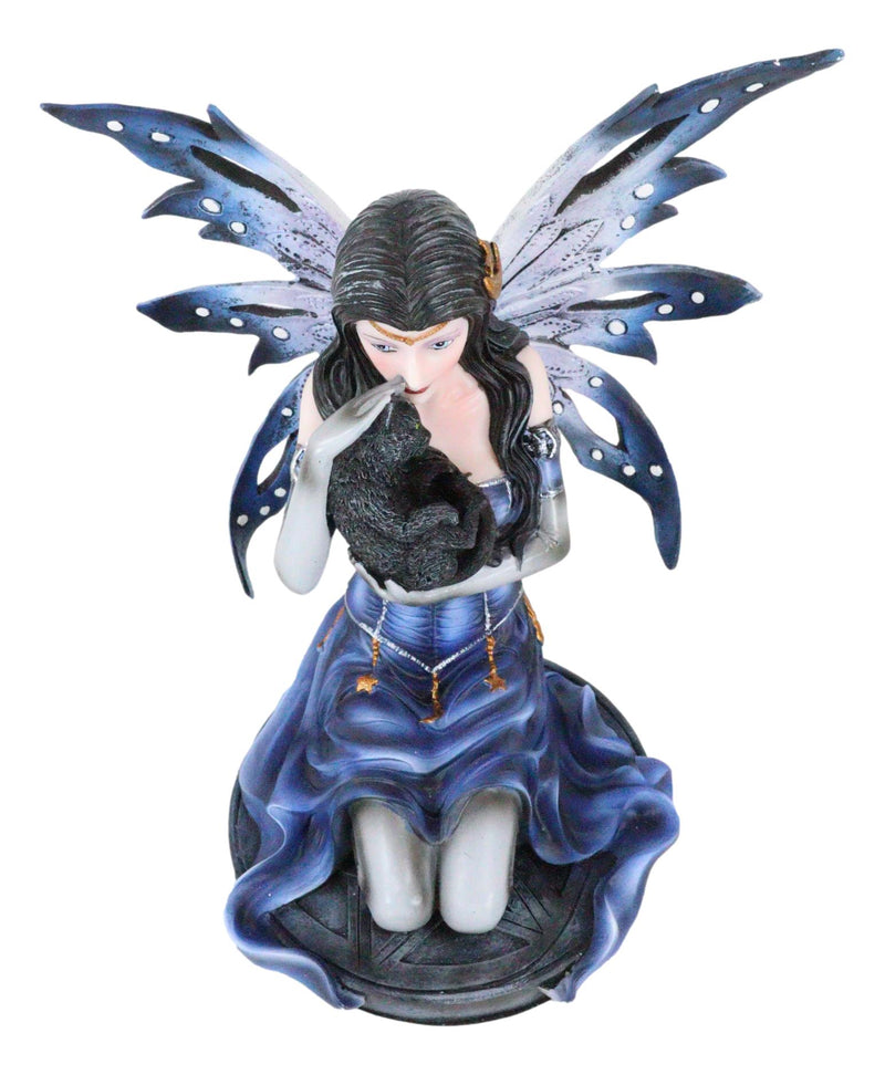 Ebros Blue Celestial Witch Fairy Cradling A Mystical Black Cat Statue 8.25" Tall