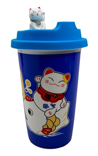 Ebros Gift Lucky Cat Maneki Neko Ceramic Tall Drink Mug Cup With Silicone Lid (Blue)