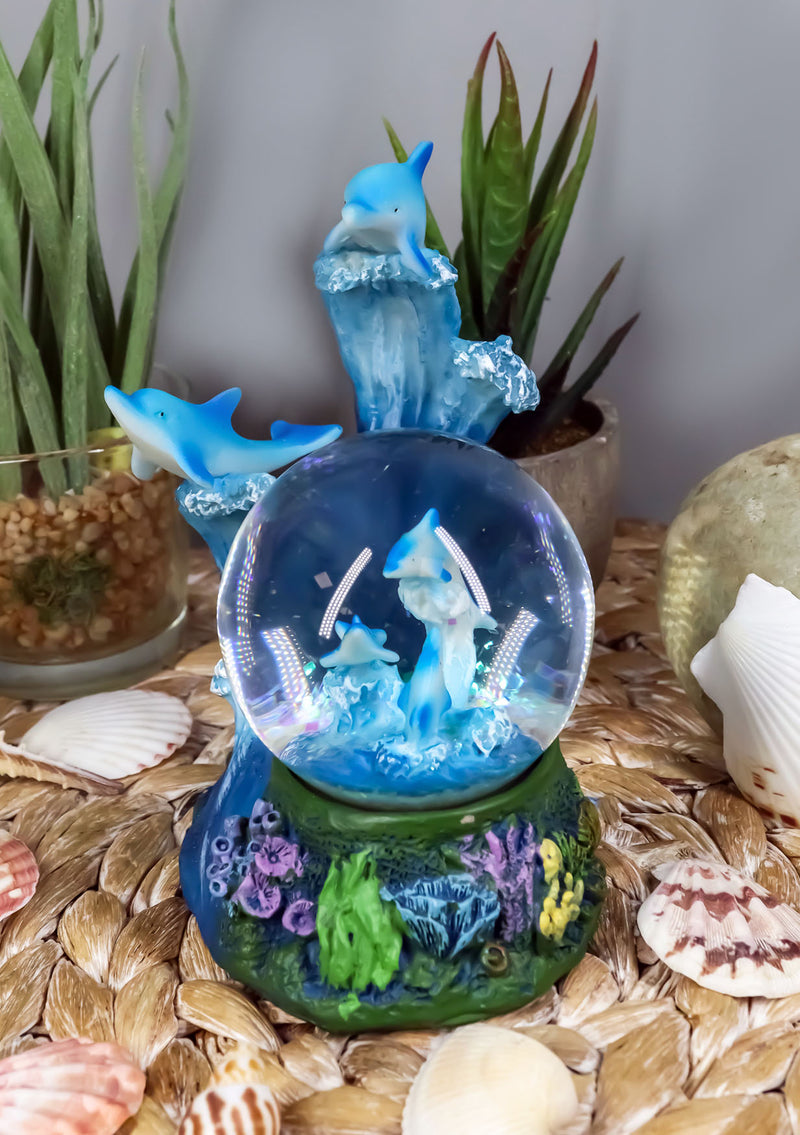 Nautical Marine Dolphin Family Rising With Waves Snow Water Globe Figurine Decor