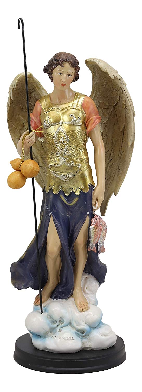 Large Catholic Church Archangel Raphael With Staff And Healing Oil Statue 14"H