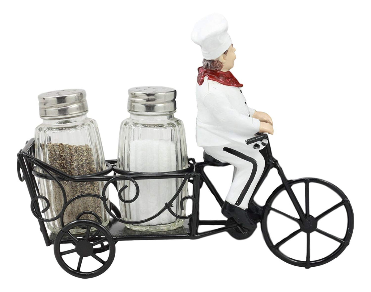 Ebros French Bistro Chef Riding On Bicycle Spice Cart Salt And Pepper Shakers Holder Figurine 6"Tall Iron Chef Spice Delivery - Ebros Gift