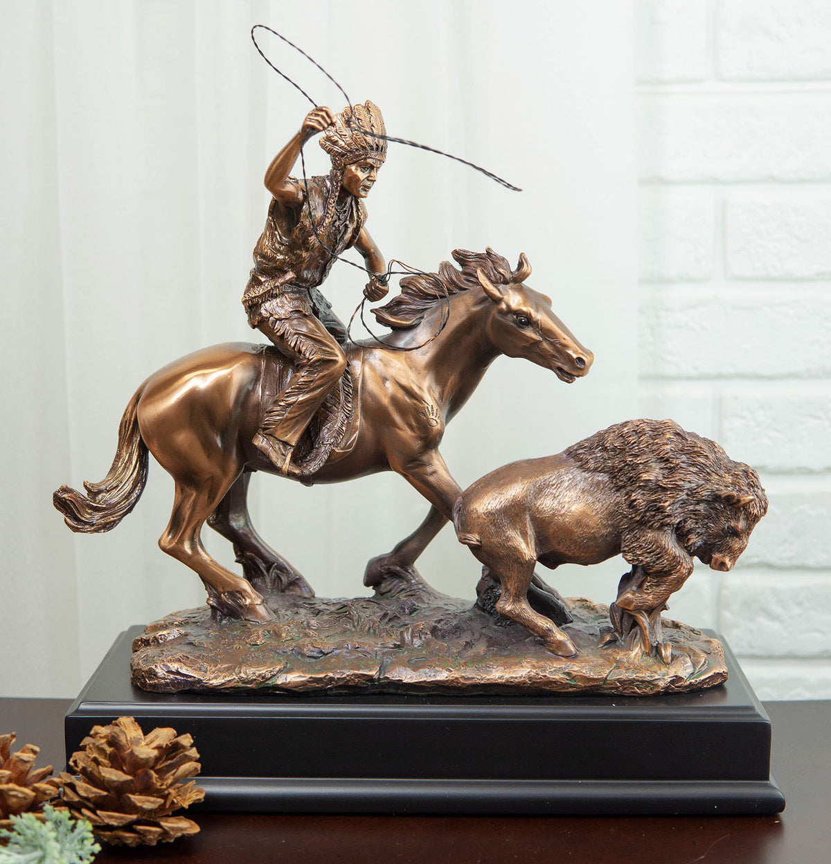 Tribal Native American Indian Hunter On Horse Roping Juvenile Bison Bull Statue - Ebros Gift