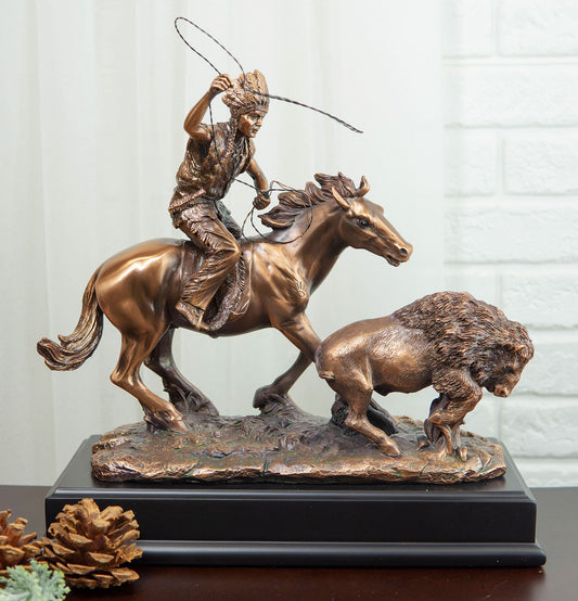 Tribal Native American Indian Hunter On Horse Roping Juvenile Bison Bull Statue - Ebros Gift