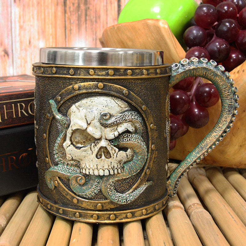 Ebros Nautical Cthulhu Cosmic Giant Octopus Wrecking Human Skull In Porthole Frame With Anchor Drinking Mug 13 oz Resin Drink Coffee Cup With Stainless Steel Liner And Tentacles Handle